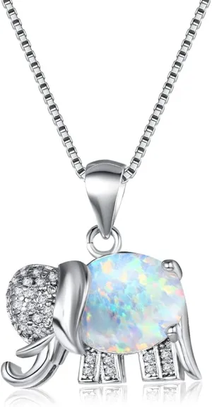 Cute Opal Elephant Pendant Necklaces Sterling Silver Plated Crystal Cubic Zirconia Luck Animal Box Chain Adjustable Choker Necklace Dainty Jewelry Birthday Gifts for Women Daughter