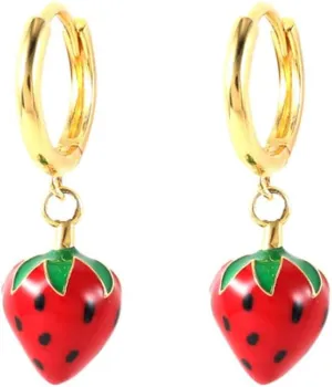Cute Red Strawberry Charm Cartilage Small Huggie Hoop Earrings for Women Minimalist 925 Sterling Silver Post Gold Plated Enamel Fruit Sleeper Hoops Dainty Hypoallergenic Fashion Jewelry Gifts