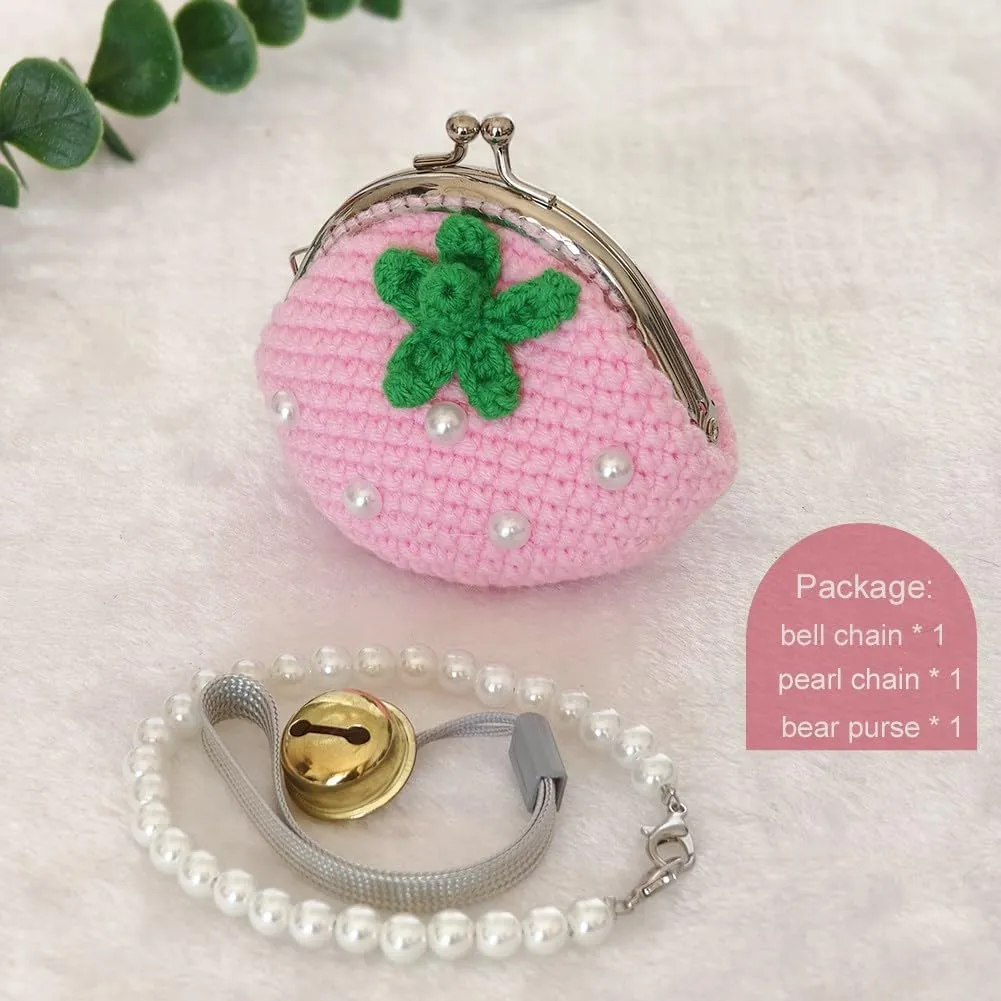 Cute Small Coin Pouch - Crochet Pink Strawberry Coin Purse for Women, Kiss Lock Change Purse Mini Knitting Bag