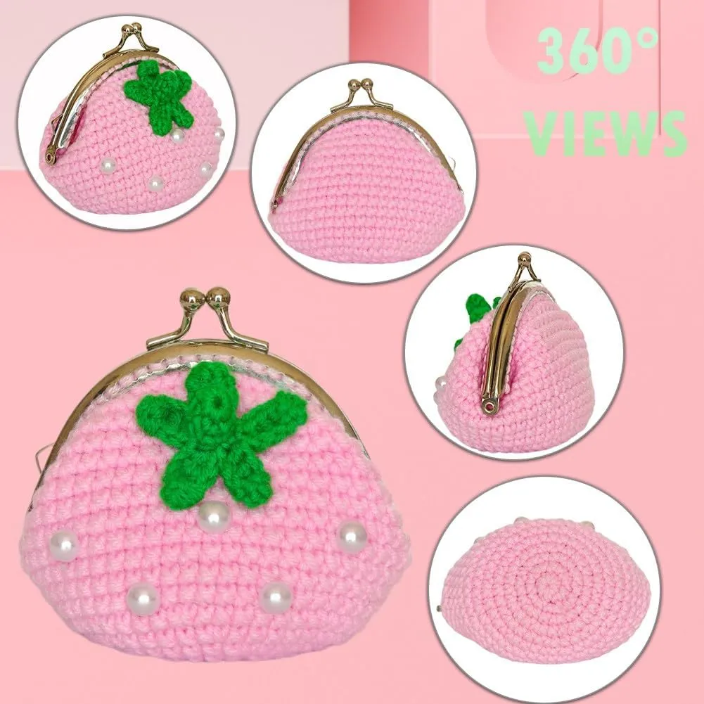 Cute Small Coin Pouch - Crochet Pink Strawberry Coin Purse for Women, Kiss Lock Change Purse Mini Knitting Bag
