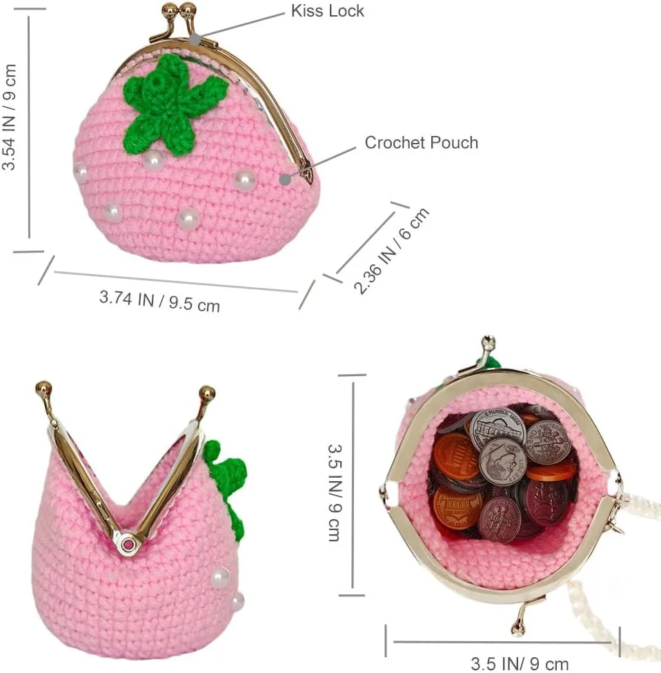 Cute Small Coin Pouch - Crochet Pink Strawberry Coin Purse for Women, Kiss Lock Change Purse Mini Knitting Bag