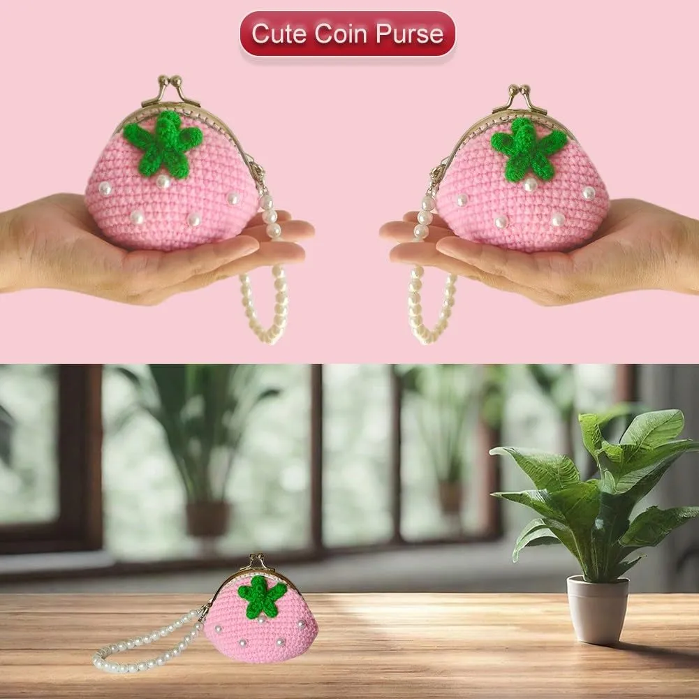 Cute Small Coin Pouch - Crochet Pink Strawberry Coin Purse for Women, Kiss Lock Change Purse Mini Knitting Bag