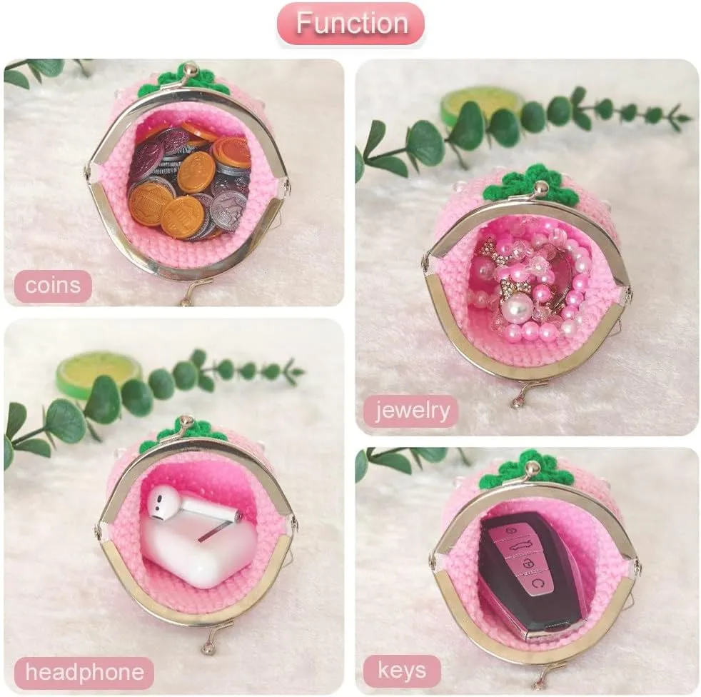 Cute Small Coin Pouch - Crochet Pink Strawberry Coin Purse for Women, Kiss Lock Change Purse Mini Knitting Bag