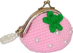 Cute Small Coin Pouch - Crochet Pink Strawberry Coin Purse for Women, Kiss Lock Change Purse Mini Knitting Bag