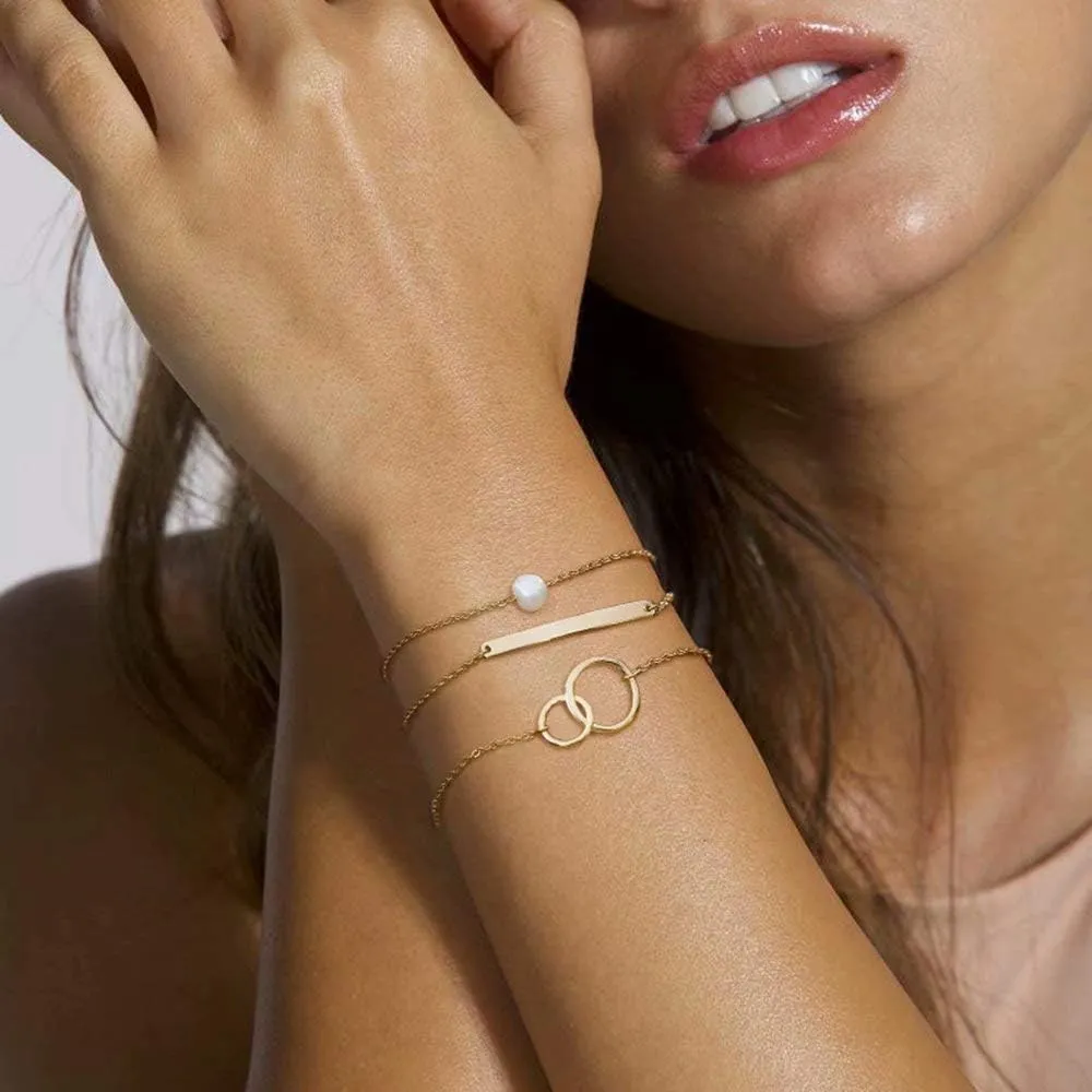 Dainty Gold Bracelets for Women, 14K Gold Plated Adjustable Layered Bracelet Cute Evil Eye Oval Chain Pearl Bar Turtle Gold Bracelets for Women Jewelry