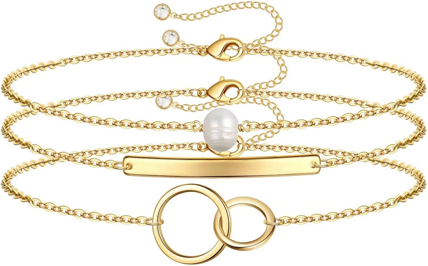 Dainty Gold Bracelets for Women, 14K Gold Plated Adjustable Layered Bracelet Cute Evil Eye Oval Chain Pearl Bar Turtle Gold Bracelets for Women Jewelry