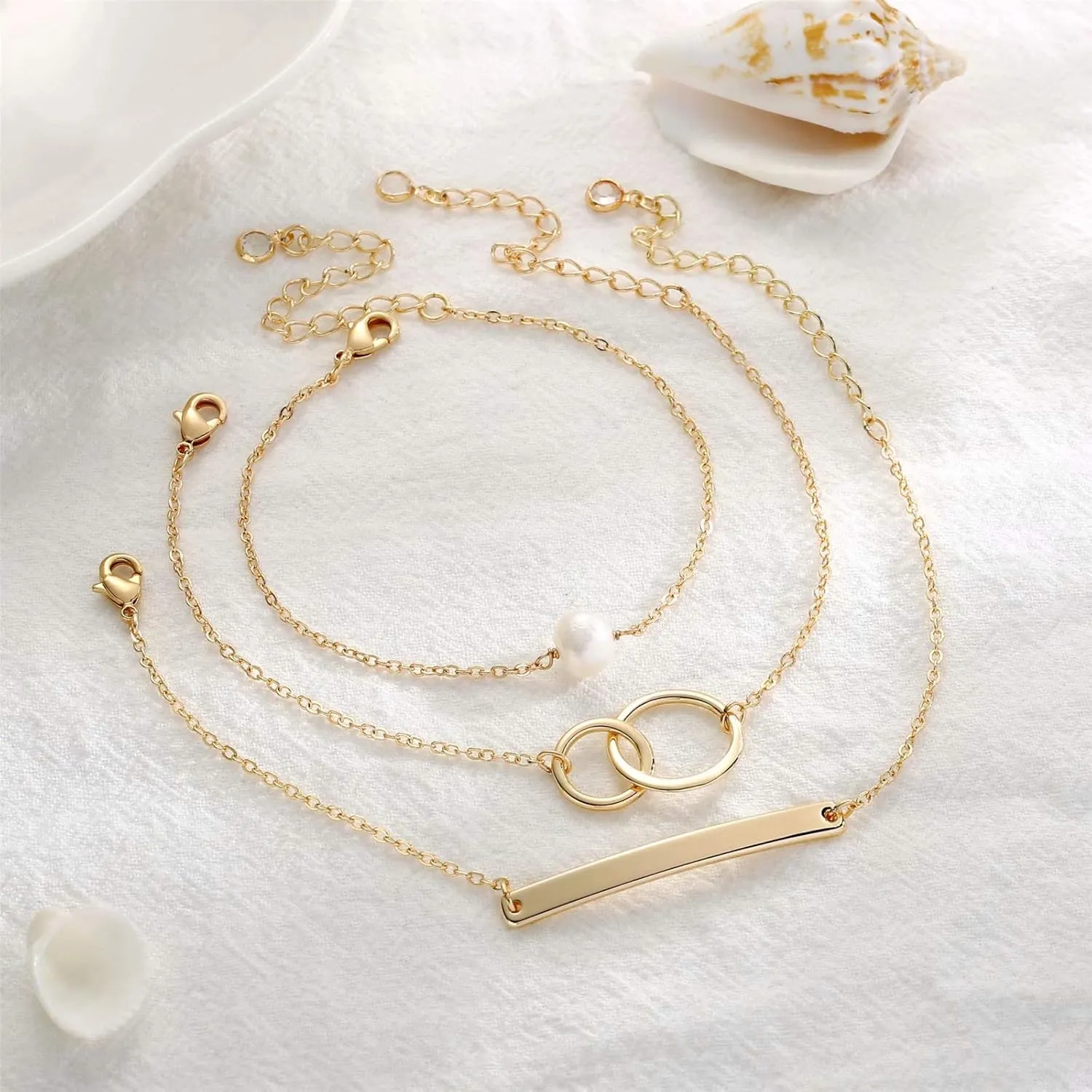 Dainty Gold Bracelets for Women, 14K Gold Plated Adjustable Layered Bracelet Cute Evil Eye Oval Chain Pearl Bar Turtle Gold Bracelets for Women Jewelry