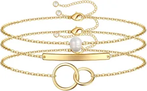 Dainty Gold Bracelets for Women, 14K Gold Plated Adjustable Layered Bracelet Cute Evil Eye Oval Chain Pearl Bar Turtle Gold Bracelets for Women Jewelry