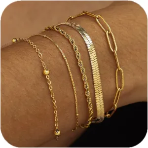 Dainty Gold Chain Bracelets set for Women, Trendy Gold Jewelry for Women Stackable Adjustable, 18K Gold Plated Paperclip Layered Link Bracelets