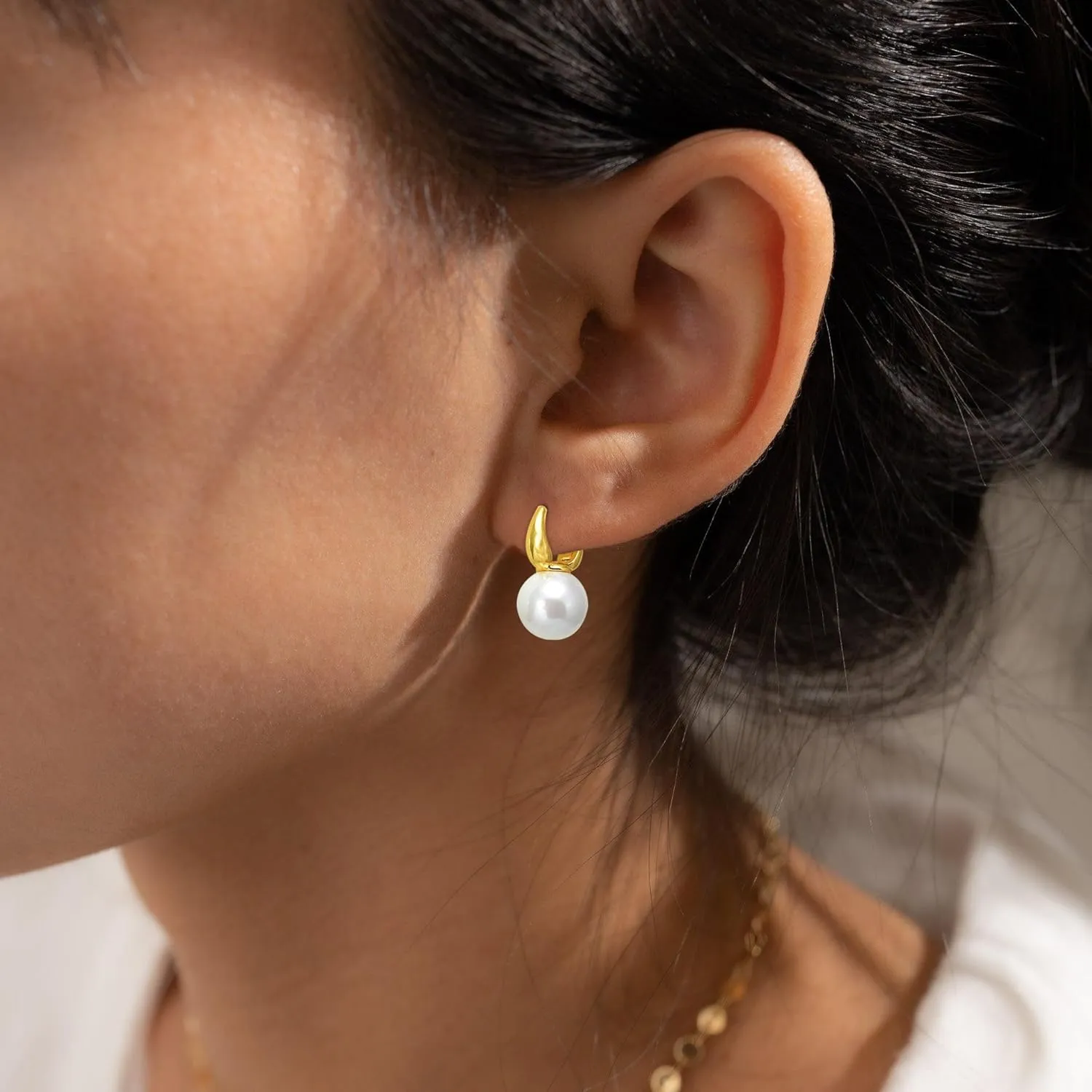 Dainty Gold Pearl Earrings for Women, Trendy 14k Gold Filled Freshwater CZ Leaf Bow Pearl Dangle Drop Earrings Lightweight Hypoallergenic Bridesmaid Stud Earring Wedding Statement Jewelry for Women Gifts