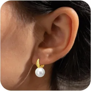 Dainty Gold Pearl Earrings for Women, Trendy 14k Gold Filled Freshwater CZ Leaf Bow Pearl Dangle Drop Earrings Lightweight Hypoallergenic Bridesmaid Stud Earring Wedding Statement Jewelry for Women Gifts