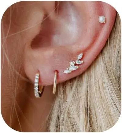 Dainty Gold Stud Earrings for Women, 14k Gold Plated CZ Leaf Earring Sets for Multiple Piercing Small Gold Huggie Hoop Earrings Minimalist Cartilage Pearl Stud Earrings for Women Trendy