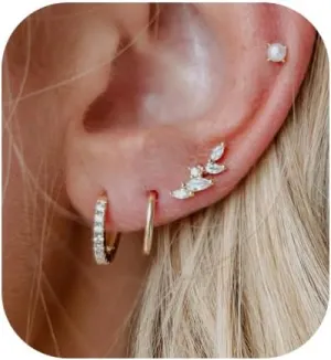 Dainty Gold Stud Earrings for Women, 14k Gold Plated CZ Leaf Earring Sets for Multiple Piercing Small Gold Huggie Hoop Earrings Minimalist Cartilage Pearl Stud Earrings for Women Trendy