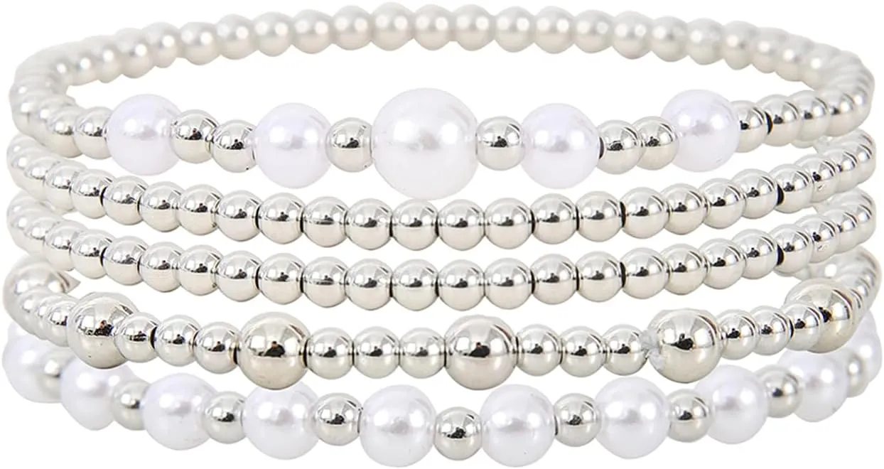 Dainty Multilayer Plated Gold Silver Imitation Pearl Beaded Stretch Bracelets Handmade Adjustable Stackable Bead Ball Elasic Charm Bracelets for Women Party Jewelry Gifts