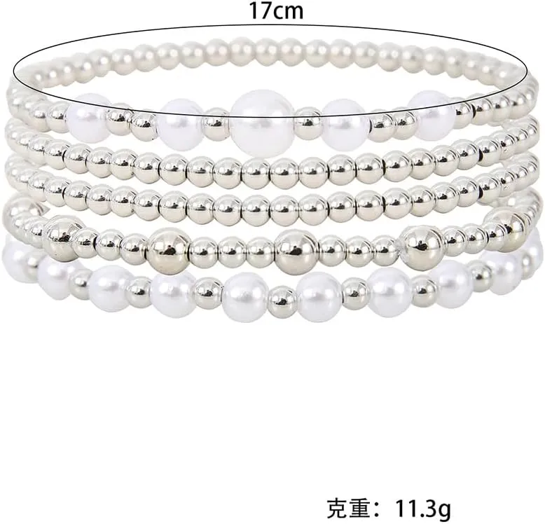 Dainty Multilayer Plated Gold Silver Imitation Pearl Beaded Stretch Bracelets Handmade Adjustable Stackable Bead Ball Elasic Charm Bracelets for Women Party Jewelry Gifts