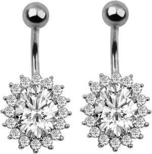 Dangle Belly Button Rings Stainless Steel, 2pcs Navel Rings Women Cubic Zirconia Studs 14G Belly Button Rings Flower