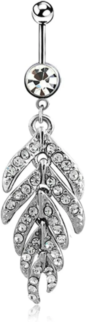 Dangle Navel Ring Stainless Steel, CZ Rose Gold Navel Rings for Women Leaf Pendant Silver Navel Rings