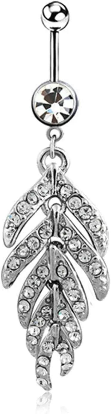 Dangle Navel Ring Stainless Steel, CZ Rose Gold Navel Rings for Women Leaf Pendant Silver Navel Rings