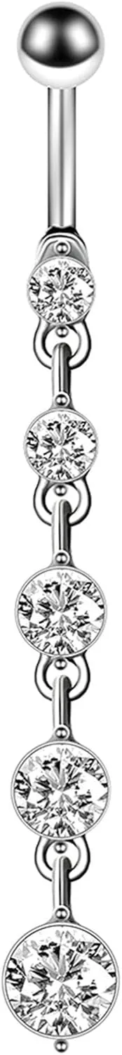 Dangle Navel Ring Stainless Steel, CZ Short Navel Rings for Women Round Silver Belly Rings