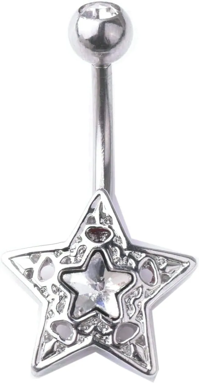 Dangle Navel Ring Stainless Steel, CZ Surgical Navel Rings for Women Star Pendant Silver Navel Rings