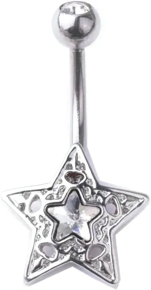 Dangle Navel Ring Stainless Steel, CZ Surgical Navel Rings for Women Star Pendant Silver Navel Rings