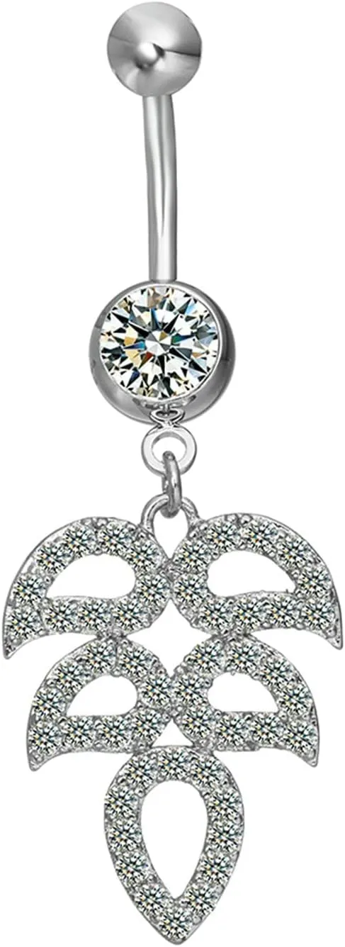 Dangle Navel Ring Stainless Steel, CZ Surgical Steel Navel Rings for Women Leaf Silver Belly Rings