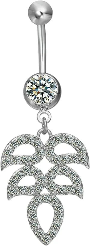 Dangle Navel Ring Stainless Steel, CZ Surgical Steel Navel Rings for Women Leaf Silver Belly Rings