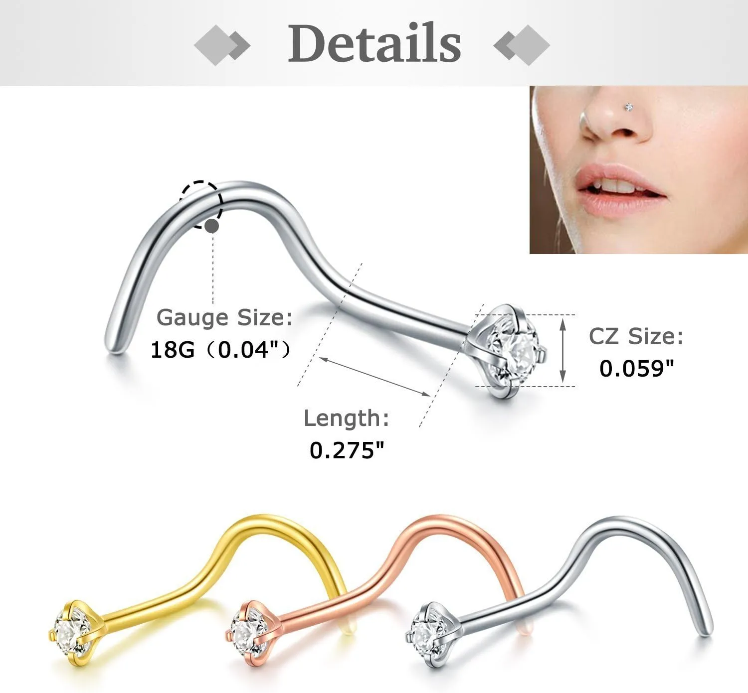 D.Bella 18G Nose Rings for Women Nose Rings Studs Stainless Steel L-Shaped Nose Studs Screw Nose Piercing Jewelry