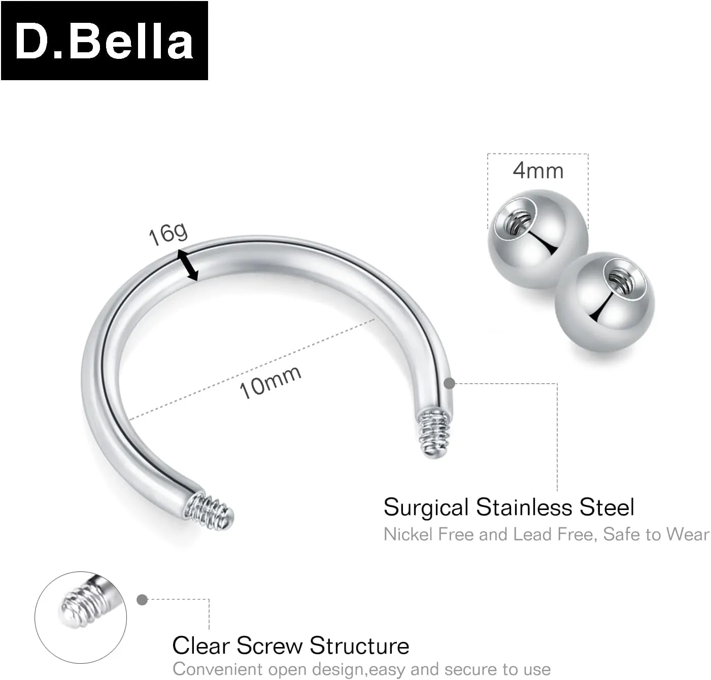 D.Bella 22G 20G 18G 16G 14G 12G 10G 8G 6G 4G 2G 0G 00G Surgical Steel Nose Septum Horseshoe Hoop Eyebrow Lip Navel Belly Nipple Piercing Ring Helix Tragus Daith Rook Captive Earrings Replacement Spikes