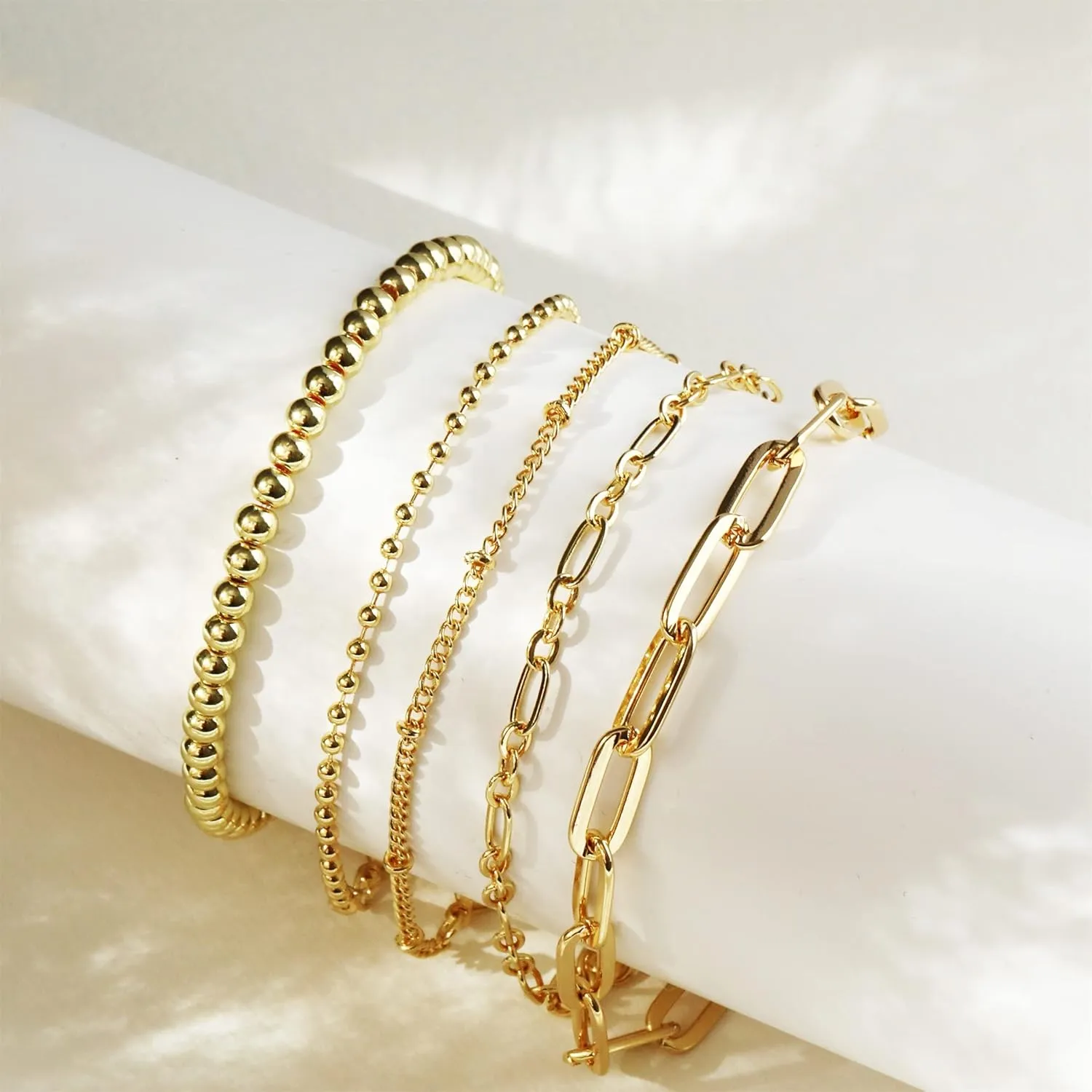 DEARMAY Waterproof Gold Bracelets Set for Women Trendy, Dainty 14K Real Gold Plated Jewelry Fashion Stackable Tennis Beaded Figaro Herringbone Paperclip Link Bracelet Pack Stack Gifts for Women