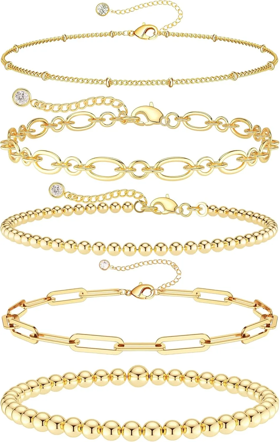 DEARMAY Waterproof Gold Bracelets Set for Women Trendy, Dainty 14K Real Gold Plated Jewelry Fashion Stackable Tennis Beaded Figaro Herringbone Paperclip Link Bracelet Pack Stack Gifts for Women