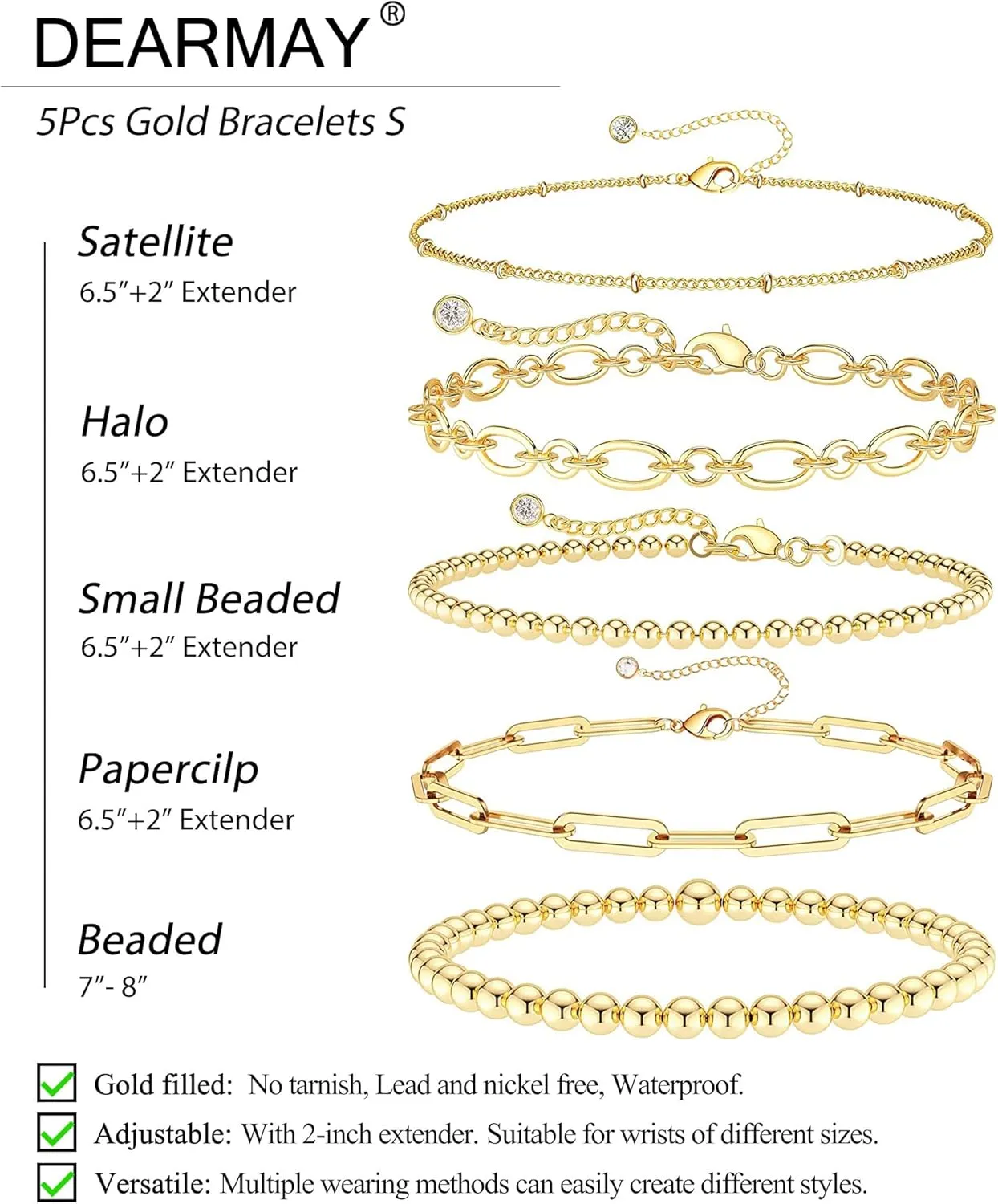 DEARMAY Waterproof Gold Bracelets Set for Women Trendy, Dainty 14K Real Gold Plated Jewelry Fashion Stackable Tennis Beaded Figaro Herringbone Paperclip Link Bracelet Pack Stack Gifts for Women