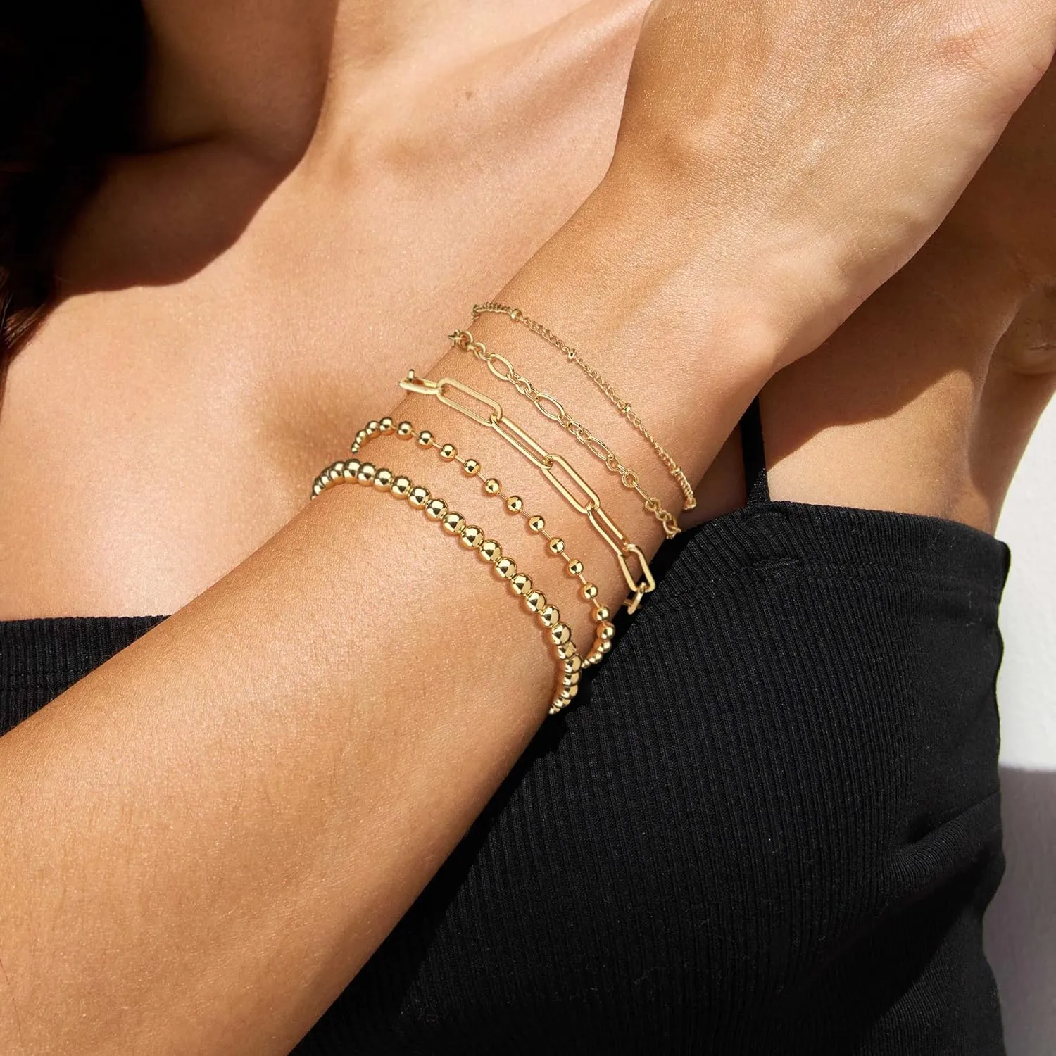 DEARMAY Waterproof Gold Bracelets Set for Women Trendy, Dainty 14K Real Gold Plated Jewelry Fashion Stackable Tennis Beaded Figaro Herringbone Paperclip Link Bracelet Pack Stack Gifts for Women