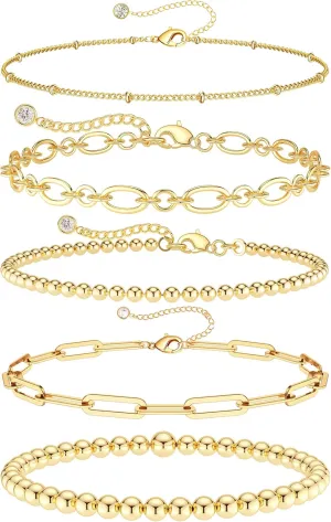 DEARMAY Waterproof Gold Bracelets Set for Women Trendy, Dainty 14K Real Gold Plated Jewelry Fashion Stackable Tennis Beaded Figaro Herringbone Paperclip Link Bracelet Pack Stack Gifts for Women