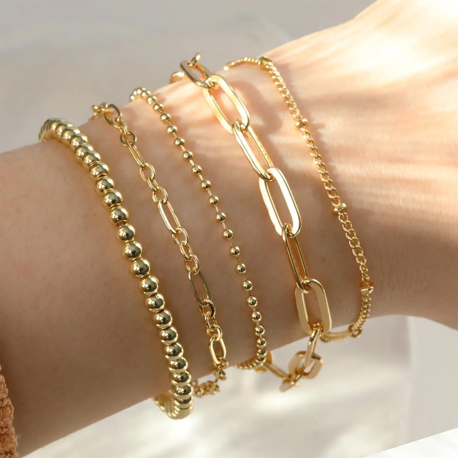 DEARMAY Waterproof Gold Bracelets Set for Women Trendy, Dainty 14K Real Gold Plated Jewelry Fashion Stackable Tennis Beaded Figaro Herringbone Paperclip Link Bracelet Pack Stack Gifts for Women