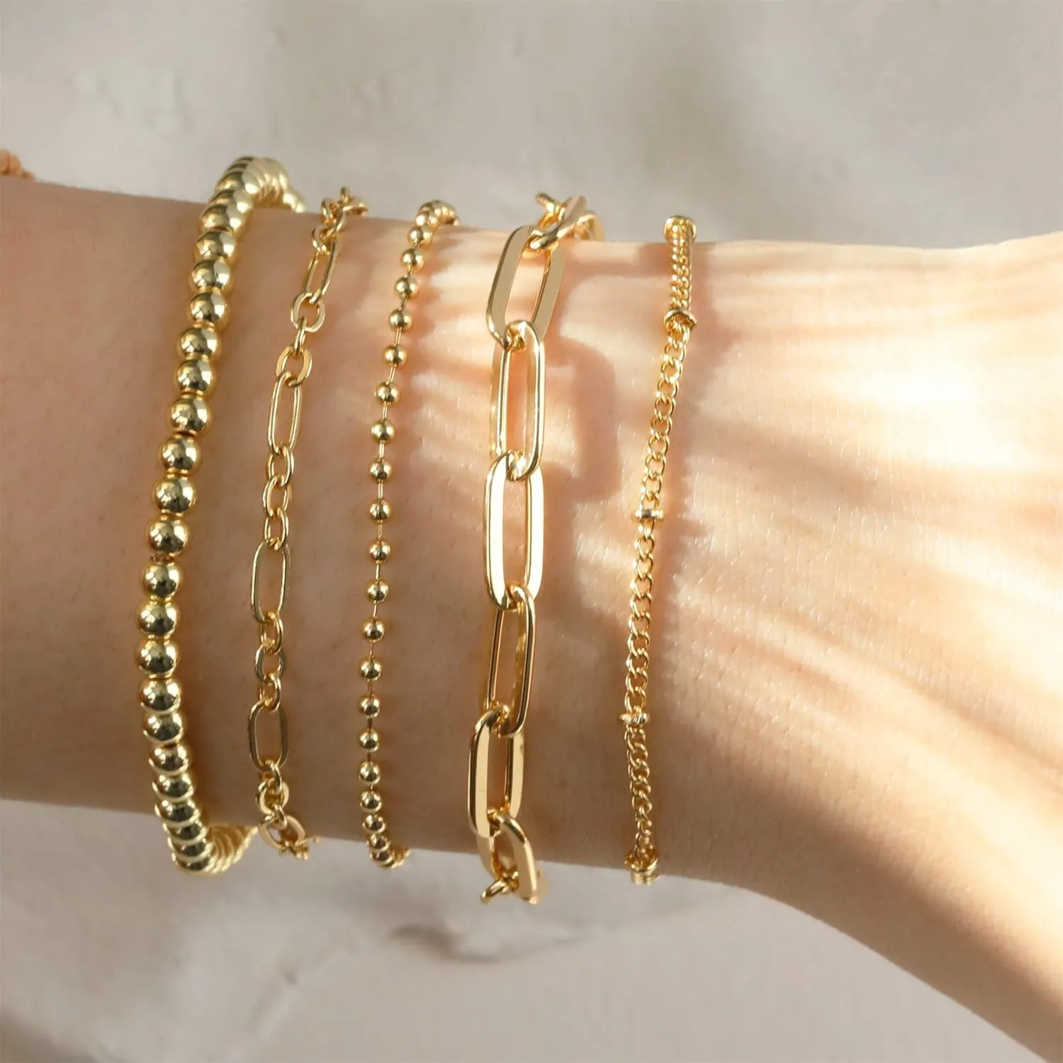 DEARMAY Waterproof Gold Bracelets Set for Women Trendy, Dainty 14K Real Gold Plated Jewelry Fashion Stackable Tennis Beaded Figaro Herringbone Paperclip Link Bracelet Pack Stack Gifts for Women