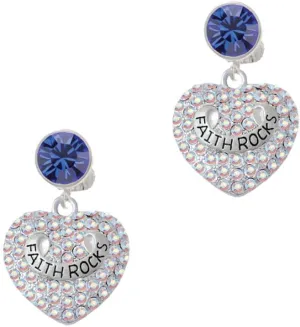 Delight Jewelry Silvertone Faith Rocks on AB Crystal Heart - Large Crystal Clip on Earrings