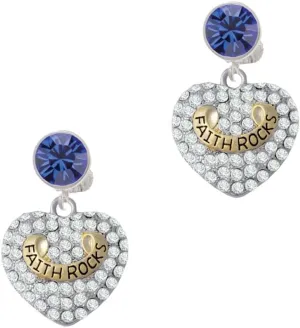 Delight Jewelry Two-tone 'Faith Rocks' on Clear Crystal Heart - Large Crystal Clip on Earrings