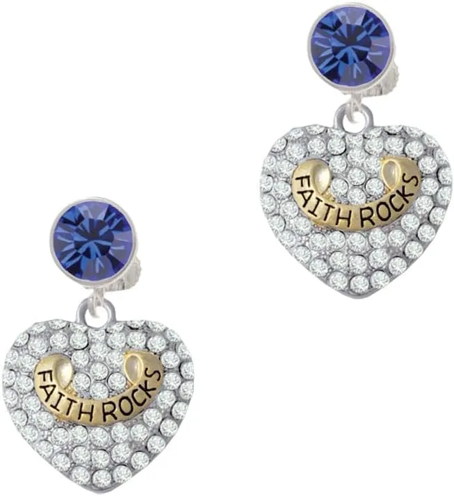 Delight Jewelry Two-tone 'Faith Rocks' on Clear Crystal Heart - Large Crystal Clip on Earrings