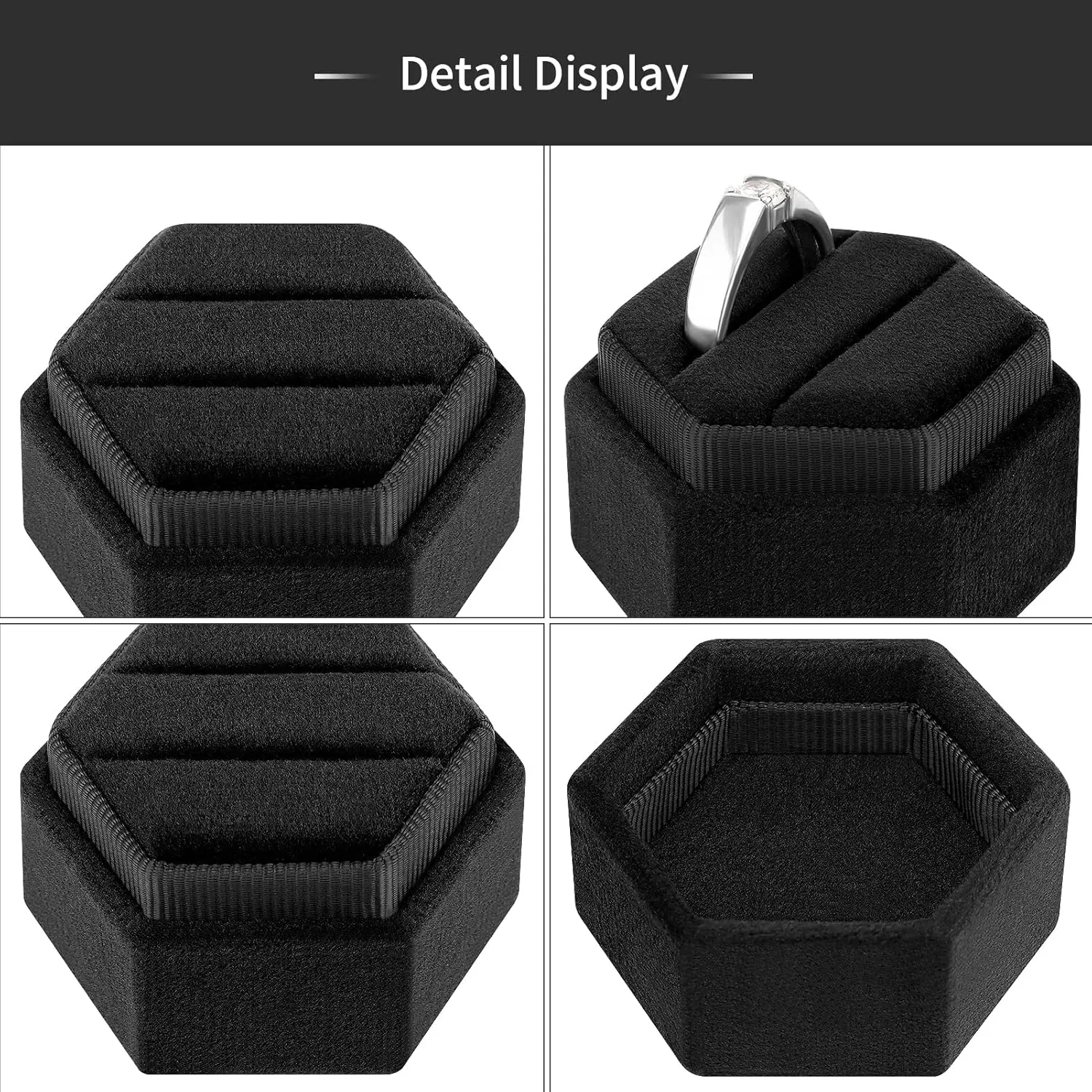 DesignSter Hexagon Velvet Ring Box - Premium Gorgeous Vintage Double Ring Display Holder with Detachable Lid for Proposal, Engagement, Wedding, Ceremony (Black)