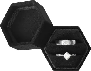DesignSter Hexagon Velvet Ring Box - Premium Gorgeous Vintage Double Ring Display Holder with Detachable Lid for Proposal, Engagement, Wedding, Ceremony (Black)