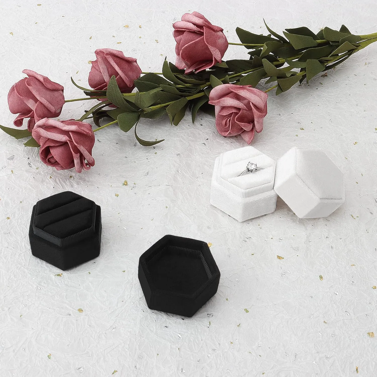 DesignSter Hexagon Velvet Ring Box - Premium Gorgeous Vintage Double Ring Display Holder with Detachable Lid for Proposal, Engagement, Wedding, Ceremony (Black)