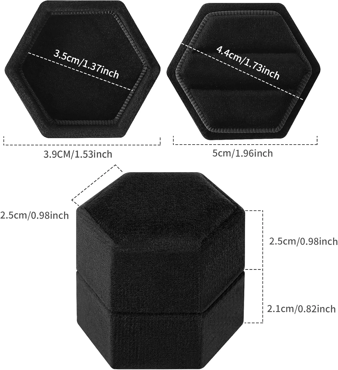 DesignSter Hexagon Velvet Ring Box - Premium Gorgeous Vintage Double Ring Display Holder with Detachable Lid for Proposal, Engagement, Wedding, Ceremony (Black)