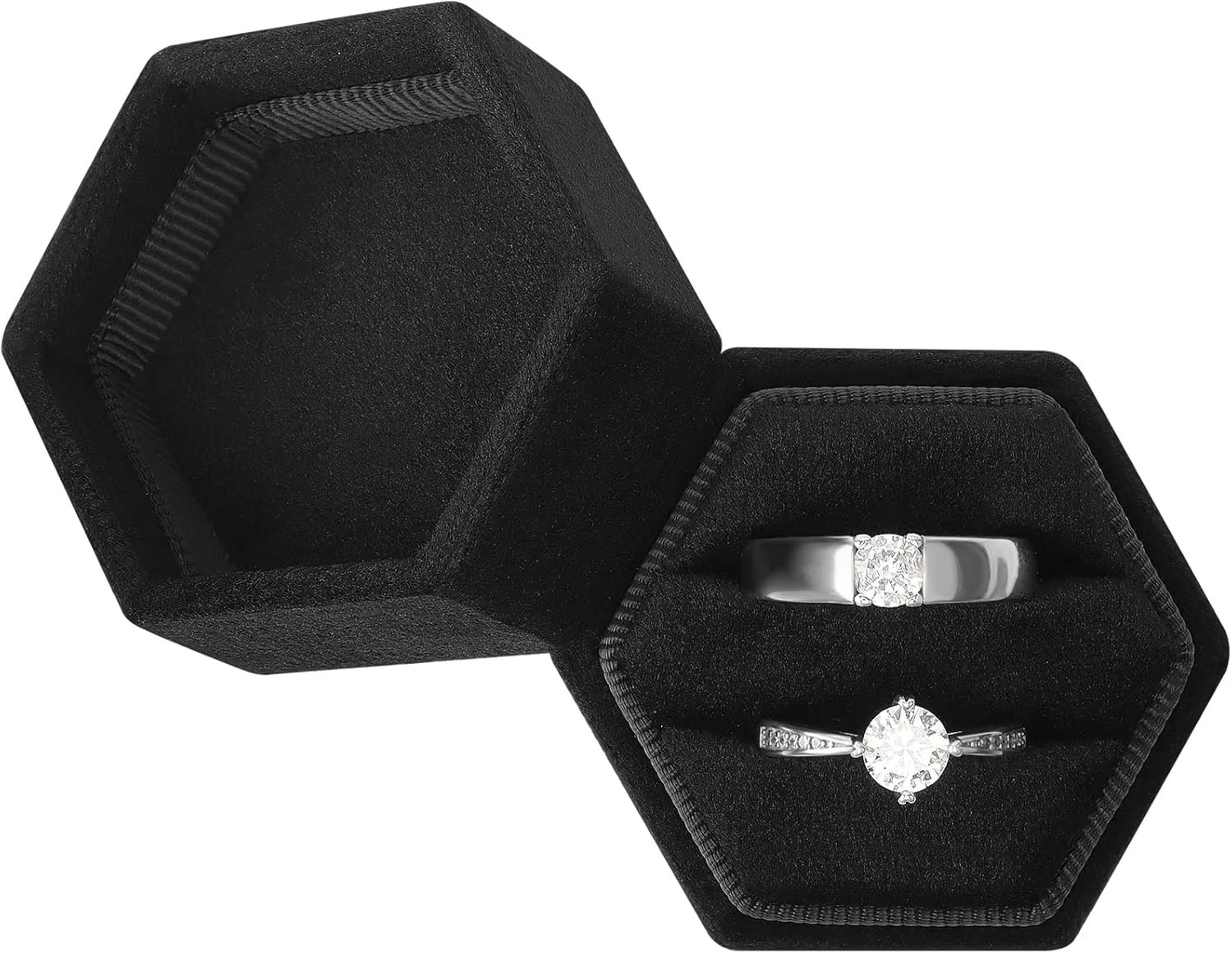 DesignSter Hexagon Velvet Ring Box - Premium Gorgeous Vintage Double Ring Display Holder with Detachable Lid for Proposal, Engagement, Wedding, Ceremony (Black)