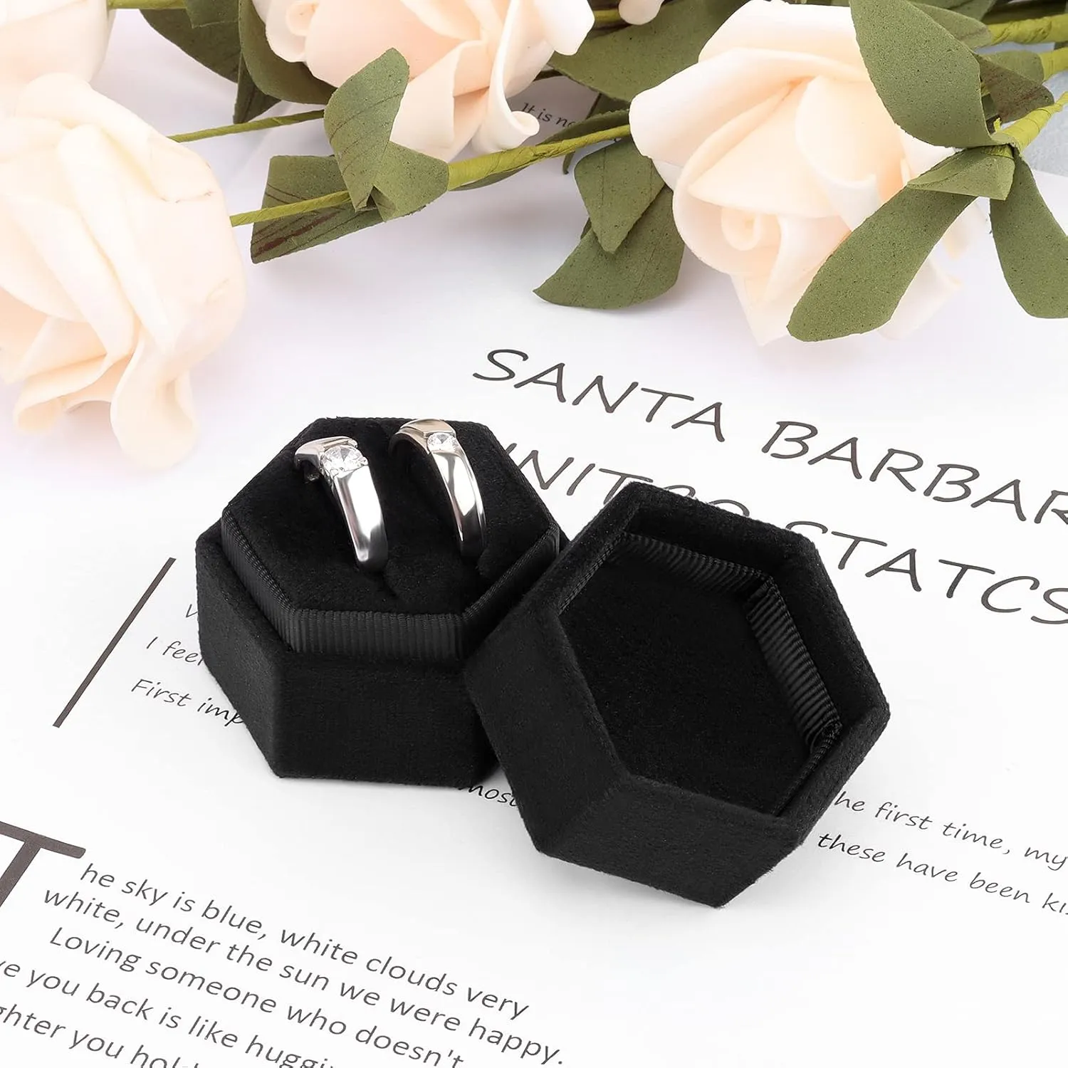 DesignSter Hexagon Velvet Ring Box - Premium Gorgeous Vintage Double Ring Display Holder with Detachable Lid for Proposal, Engagement, Wedding, Ceremony (Black)