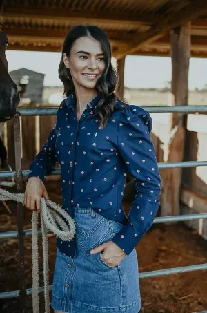 Dixie Navy Embroidered Floral Ladies Long Sleeve Shirt