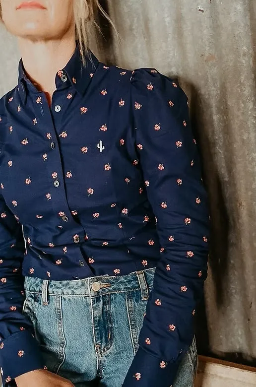 Dixie Navy Embroidered Floral Ladies Long Sleeve Shirt