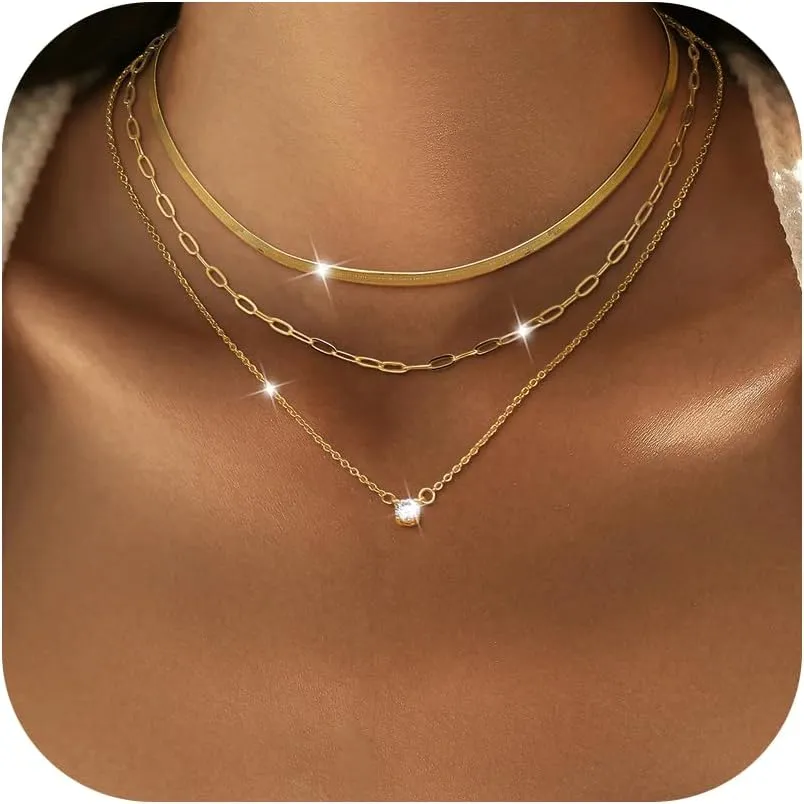 Dochais Layered Gold Chain Necklaces for Women Dainty Choker Charm Necklace Stack 14k Gold-Plated Non-Tarnish Statement Pendant Necklace Set