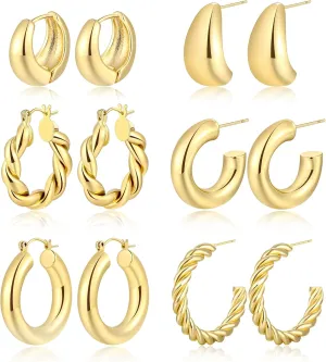 Dodder Gold Chunky Hoop Earrings for Women | 14K Gold Plated Lightweight Twisted Thick Open Hoop Earrings Set