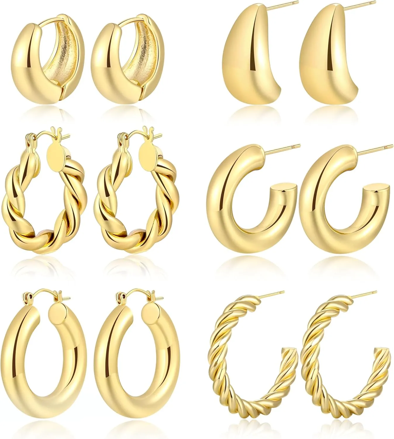 Dodder Gold Chunky Hoop Earrings for Women | 14K Gold Plated Lightweight Twisted Thick Open Hoop Earrings Set